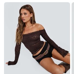 Princess Polly Chocolate Off-Shoulder Lace Top